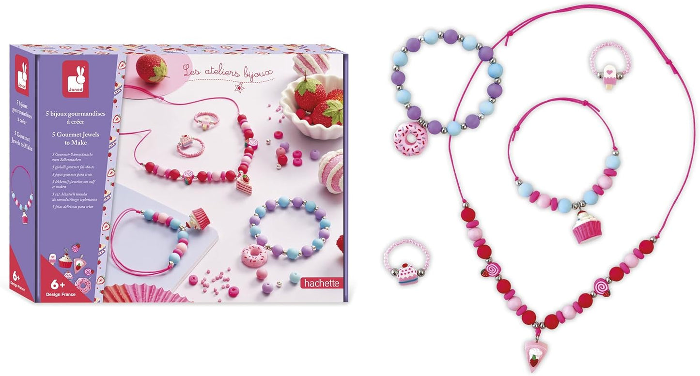 Janod - 5 Joias para Criar - Tema Gourmandises Donuts Cupcakes e Bolos - Kit de Lazer Criativo - Atividade Manual para Crianças - A partir de 6 Anos - J09183