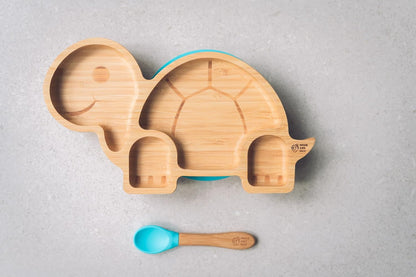 Juego de cuchara y plato de succión de bambú Moon and Moo Turtle para niños, niños pequeños y destete del bebé - No tóxico - Sin plástico - Permanece en su lugar - Plato de succión para bebé - Juego de destete para bebé (gris)