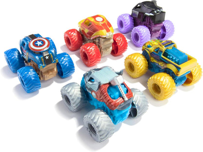 Monster Jam, Marvel Mini Pacote Oficial com 5 Miniaturas e Caminhão Monstro Colecionável Misterioso, Escala 1:87, Brinquedos Surpresa para Crianças a partir de 3 Anos