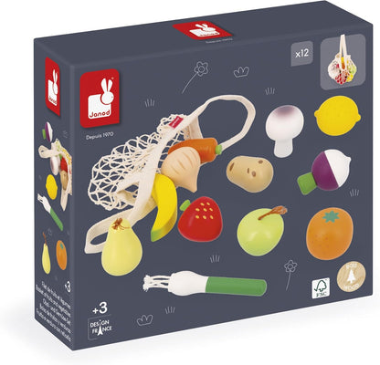 Janod - Conjunto de 12 frutas e vegetais - Bolsa de lona - Cesta de compras de brinquedo - Complemento ideal para cozinha de brinquedo e conjunto de chá - A partir de 3 anos, J06639