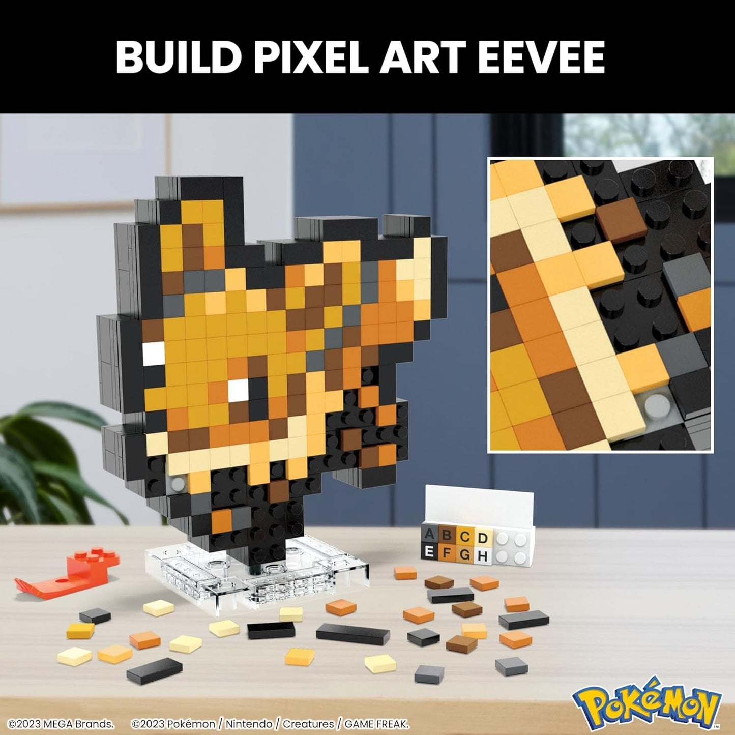 MEGA Conjunto de construção de bonecos de ação Pokémon, Eevee com 323 peças e estilo pixel retrô, para decoração de mesa ou parede, brinquedo de construção e exibição para colecionadores, HTH78