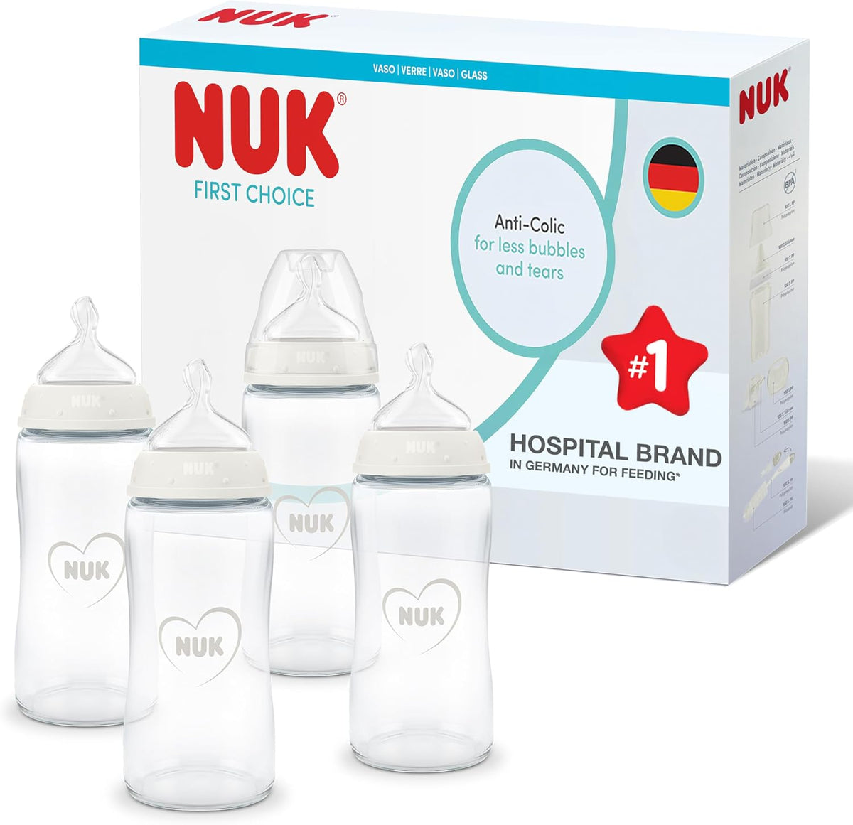 NUK Mamadeiras First Choice | 3+ meses | 240 ml | Mamadeira anticólica | Vidro | Indicador de controle de temperatura | Rainbow | Kit com 4 unidades