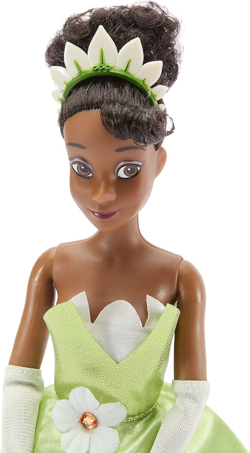 Disney Boneca Clássica Oficial da Tiana  para Crianças – A Princesa e o Sapo, 28 cm (11 pol.) – Boneca Totalmente Articulada com Vestido Icônico Inspirado em Lírio e Amigo da Personagem – Indicada para Maiores de 3 Anos