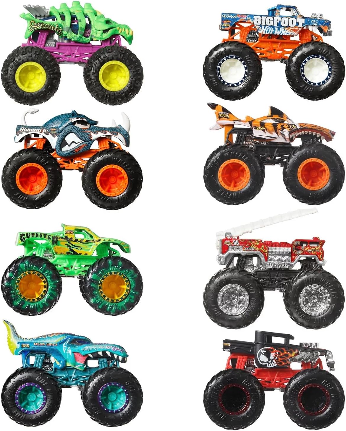Hot Wheels Monster Trucks, conjunto de 8 caminhões de brinquedo em escala 1:64, feitos de metal fundido, apresentando personagens icônicos e favoritos dos fãs do Monster Trucks Live e da série do YouTube, JCW76.