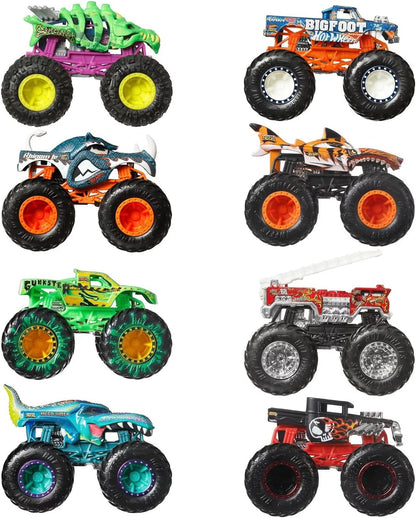 Hot Wheels Monster Trucks, conjunto de 8 caminhões de brinquedo em escala 1:64, feitos de metal fundido, apresentando personagens icônicos e favoritos dos fãs do Monster Trucks Live e da série do YouTube, JCW76.