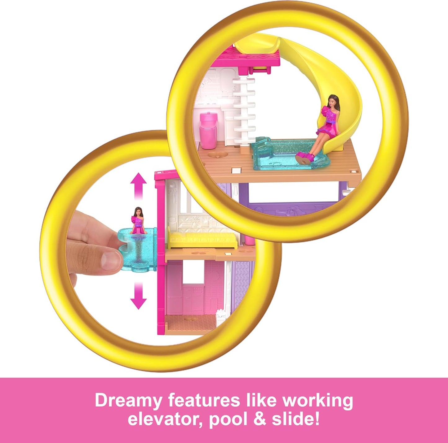 Barbie Mini BarbieLand Doll House Sets, Mini Dreamhouse com surpresa Boneca Barbie de 1,5 polegadas, Móveis e acessórios, Mais elevador e piscina, 4 anos ou mais, HYF47