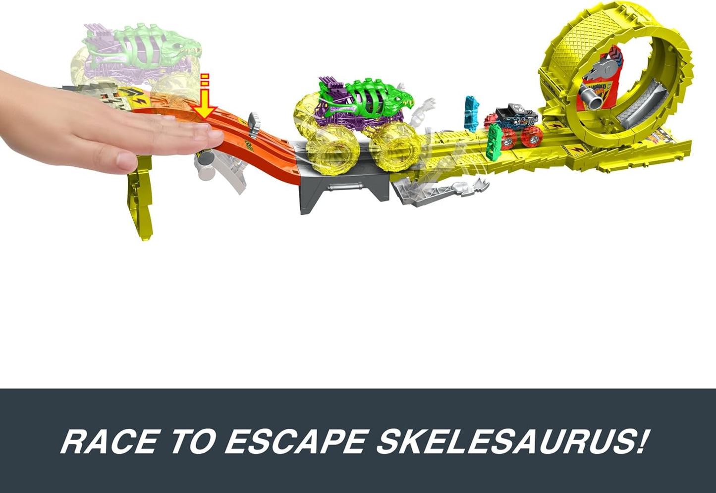 Hot Wheels Monster Trucks Juego de pistas con 2 camiones de juguete: Skelesaurus grande y Bone Shaker en escala 1:64, desafío Charge &amp; Chase con 2 autos destrozados