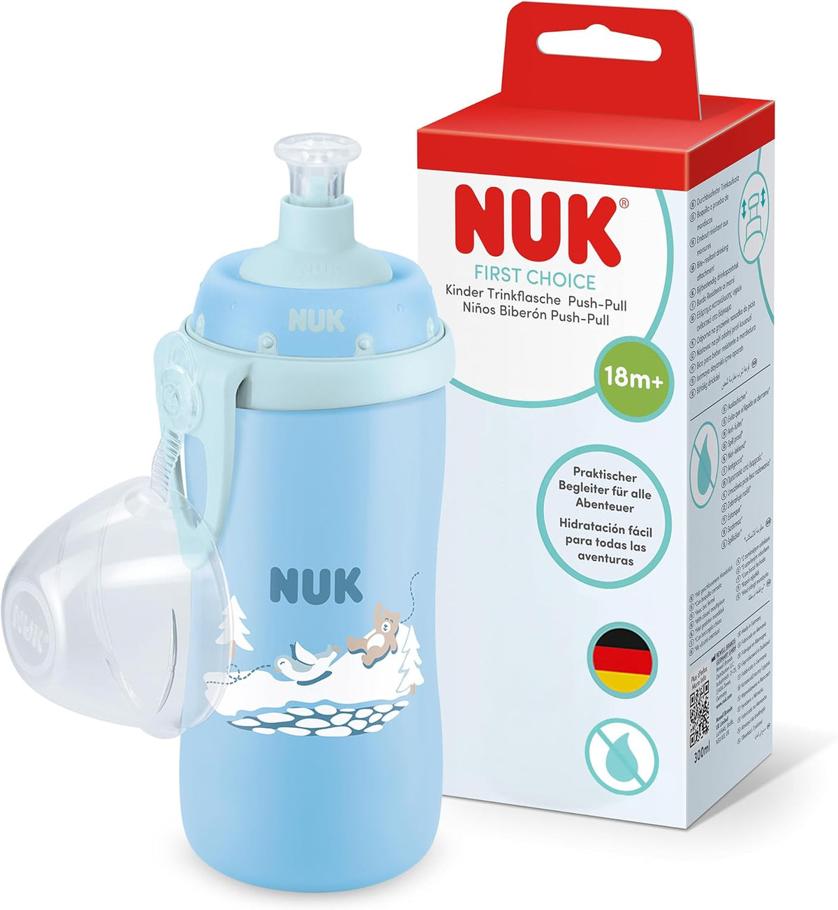 NUK Garrafa de Água First Choice Push-Pull para Crianças | 18+ Meses | 300 ml | Bico Resistente a Mordidas | Garrafa Antivazamento | Urso Azul | 1 Unidade