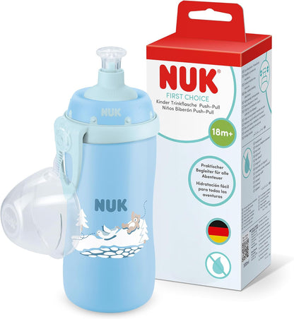 NUK Garrafa de Água First Choice Push-Pull para Crianças | 18+ Meses | 300 ml | Bico Resistente a Mordidas | Garrafa Antivazamento | Urso Azul | 1 Unidade