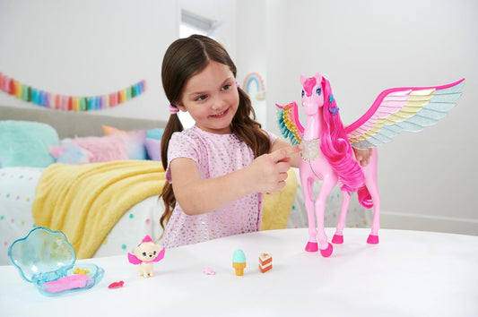 Barbie A Touch of Pegasus Magic, Pegaso rosa con cabello rosa y alas de arco iris, luces y sonidos, perro de juguete, 10 accesorios de juguete, juguetes para edades de 3 años en adelante, Una Barbie Pegaso, HLC41