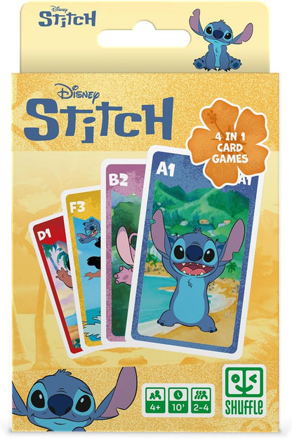 Shuffle Jogo de Cartas 4 em 1 do Stitch - 7 Famílias, Batalha, Memorando e Ação - Jogo de Cartas Disney Lilo & Stitch para Crianças, Família e Amigos - A partir de 4 anos - 2 Jogadores - Azul
