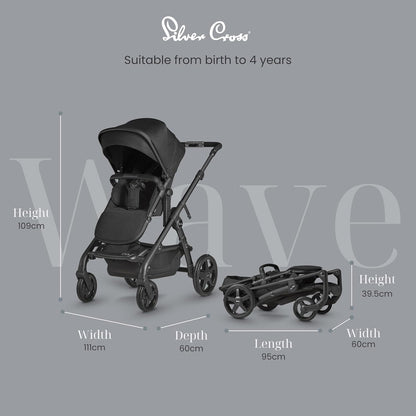 Silver Cross - Pacote de carrinho duplo Wave - Carrinho de bebê 2 em 1 com 2 alcofas e 2 assentos para carrinho - Buggy duplo estreito - Compatível com assento de carro - Recém-nascido a 4 anos (22kg) - Onyx