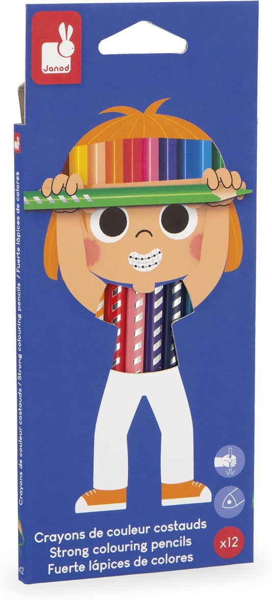 Janod - 12 Lápis de Cor - Colorir e Desenhar - Formato Triangular Ergonômico e Resistente Janod - 12 Lápis de Cor Apagáveis - Lápis de Cor de Resina com Ponta Borracha