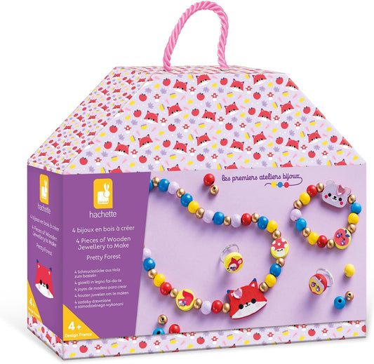 Janod - 4 lindas joias de madeira da floresta para criar - Primeiras oficinas de joias - Fabricação de joias DIY - Kit de artesanato infantil - Habilidades motoras finas e aprendizagem de concentração - a partir de 4 anos