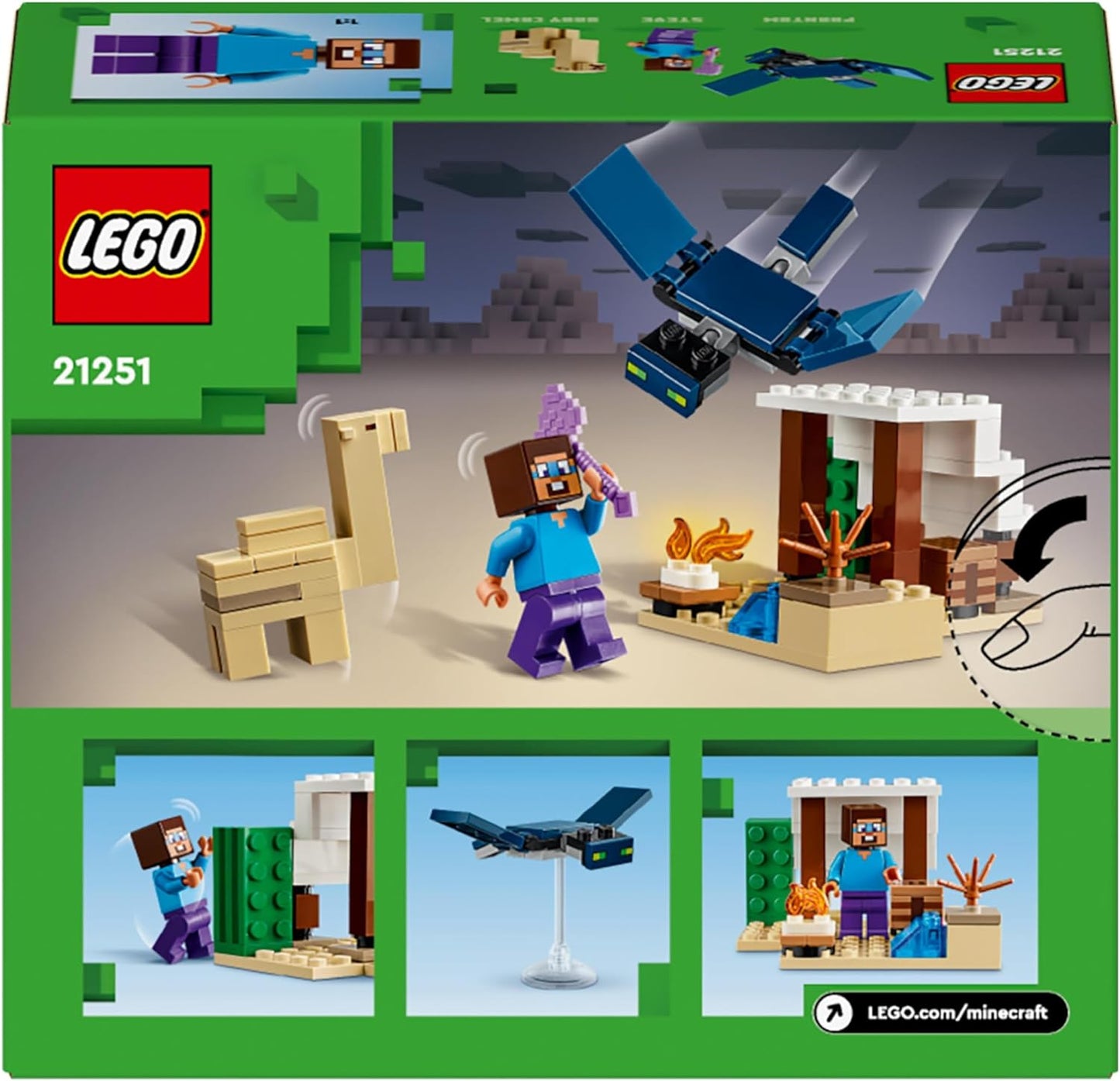LEGO Brinquedos de construção da expedição ao deserto de Minecraft Steve para crianças, meninos e meninas com mais de 6 anos, conjunto de jogos de bioma com casa, animais de brinquedo e figuras, presente para jogadores 21251