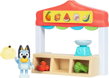 Bluey Mini Playsets Bluey Farmers Market Playset inclui figura articulada de Bluey com sacola de compras e acessórios com Dollarbucks