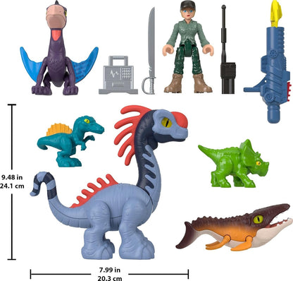 Fisher-Price Conjunto de figuras de ação Imaginext Jurassic World Rebirth com 1 humano de 7,6 cm, 5 dinossauros, lançador de brinquedos e acessórios, JFR25
