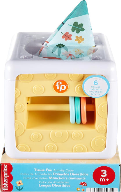Caixa de Lenços de Papel de Brinquedo Sensorial para Bebês Recém-Nascidos da Fisher-Price, Brinquedo com Textura Amassada para Bebês em Tempo de Barriga para Baixo, Cubo de Atividades Divertido com Lenços de Papel