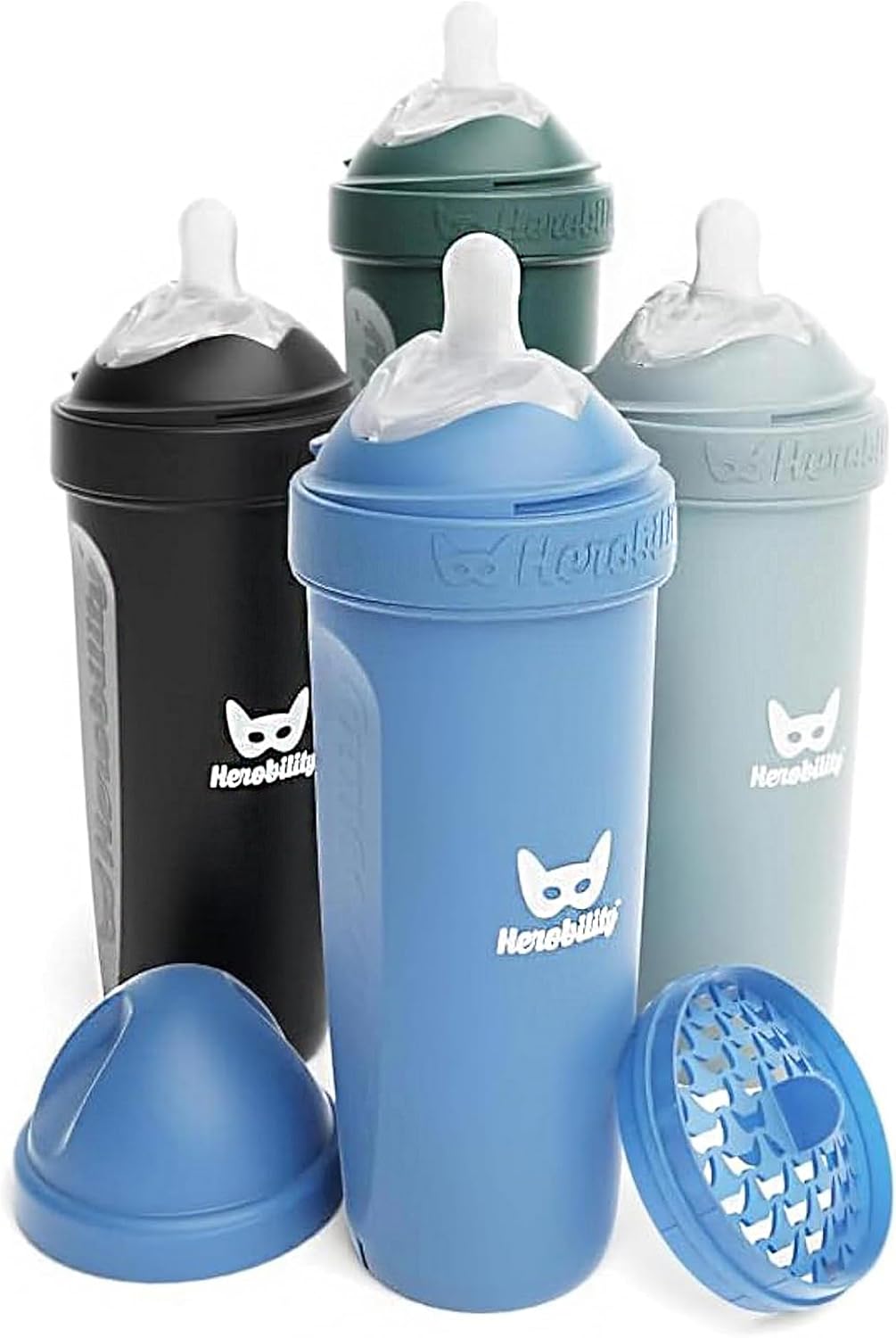 Herobility Mamadeiras anticólicas 340ml - Pacote com 3 mamadeiras de plástico, fluxo lento, bico em formato de seio para bebês amamentados - Multicores: jeans, preto, verde escuro, cinza