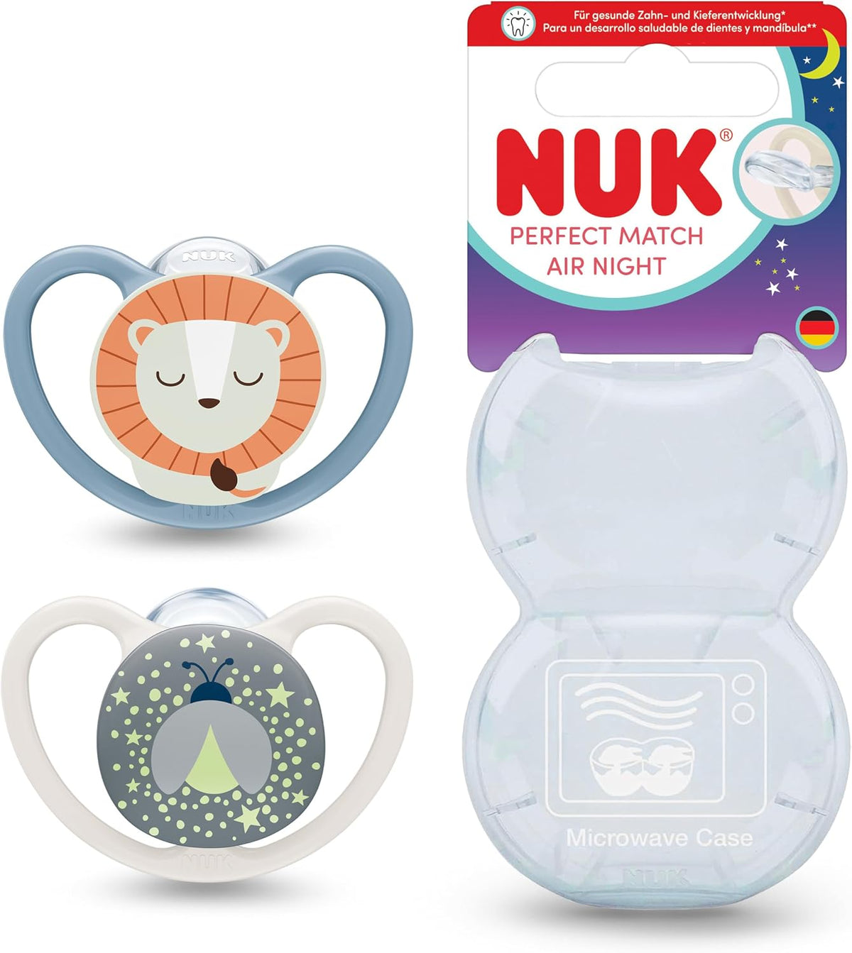 NUK Chupetas Perfect Match Air Night | 18-36 Meses | Brilham no Escuro, Permitem a Circulação de Ar e Previnem Irritações na Pele | 95% de Aceitação pelos Bebês** | Leão | 2 Unidades