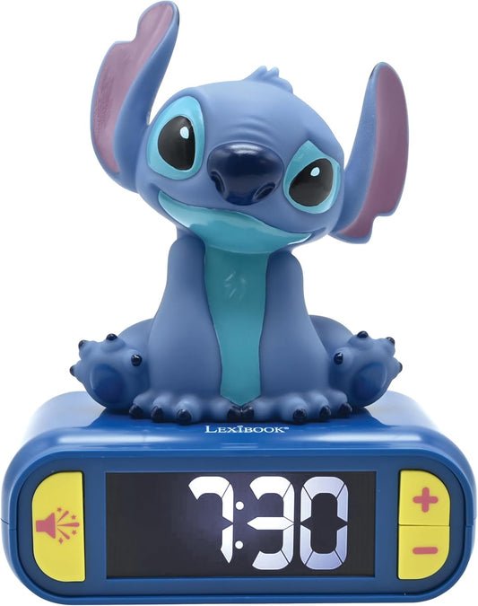 Lexibook, Disney, Despertador Stitch Nightlight, Sonidos y melodías, Pantalla LCD retroiluminada, Luminoso, Posponer, Azul, Talla única