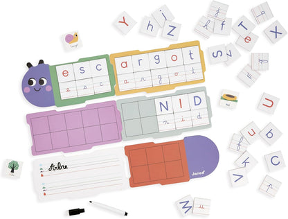 Janod - Aprender a escrever - Ideal para o jardim de infância e educação infantil - Aprender letras - 6 quadros e 78 letras magnéticas - Educacional