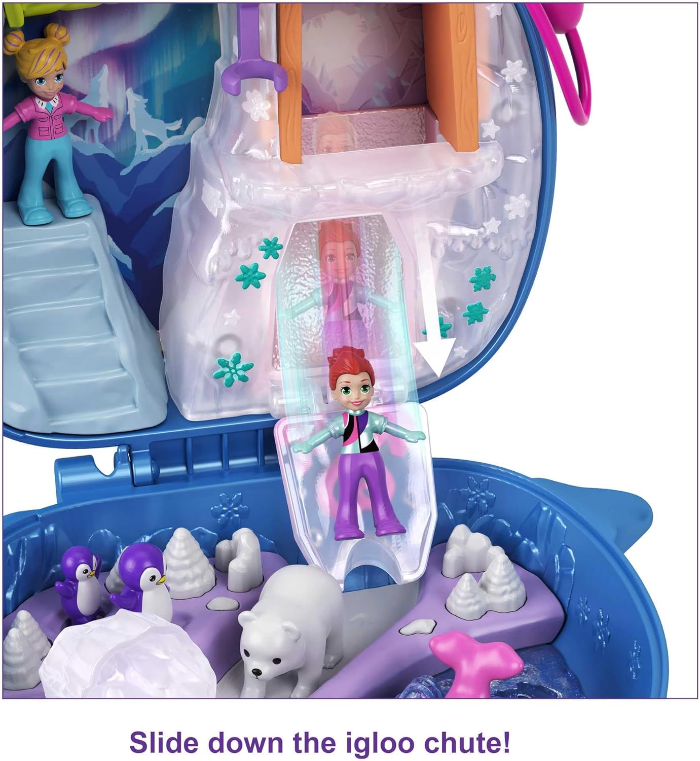 Polly Pocket Freezin' Fun Narwhal Compact com revelações divertidas, bonecas Micro Polly e Lila, cachorro Husky e trenó, figura de urso polar e folha de adesivos; Para maiores de 4 anos, GKJ52