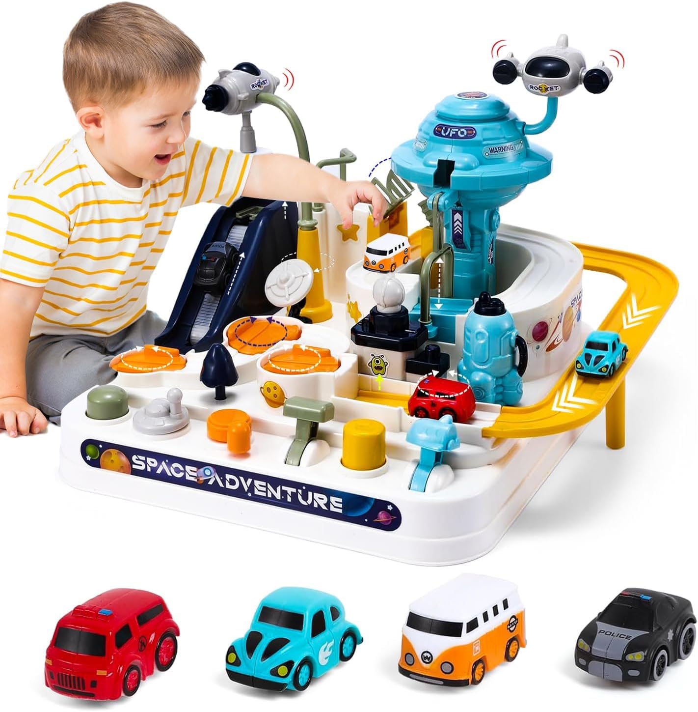 Pista de Corrida Infantil de Brinquedo para Meninos de 3 a 8 Anos, Brinquedo de Aventura com Carros, Conjunto de Resgate na Cidade Espacial com 4 Mini Carros, Brinquedo Educativo para Crianças em Idade Pré-Escolar.