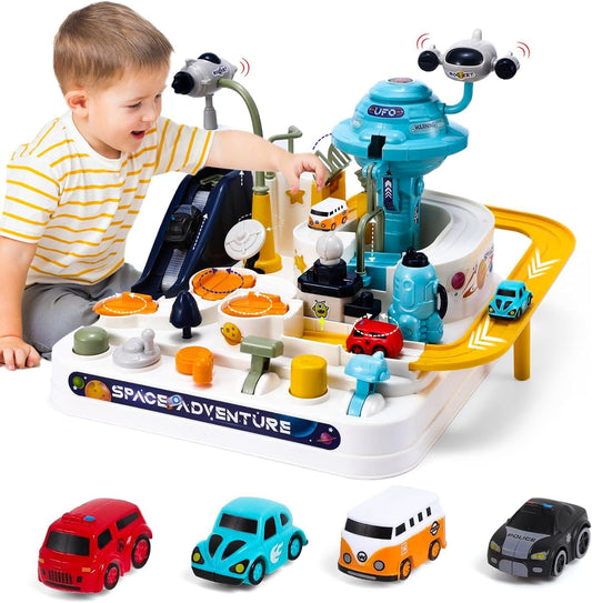 Pista de Corrida Infantil de Brinquedo para Meninos de 3 a 8 Anos, Brinquedo de Aventura com Carros, Conjunto de Resgate na Cidade Espacial com 4 Mini Carros, Brinquedo Educativo para Crianças em Idade Pré-Escolar.