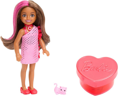 Barbie Festa Unboxed Chelsea Boneca, Série Festa Glamourosa com 6 Surpresas Incluindo Animal de Estimação e Mudança de Cor (Os Estilos Podem Variar), JFY04