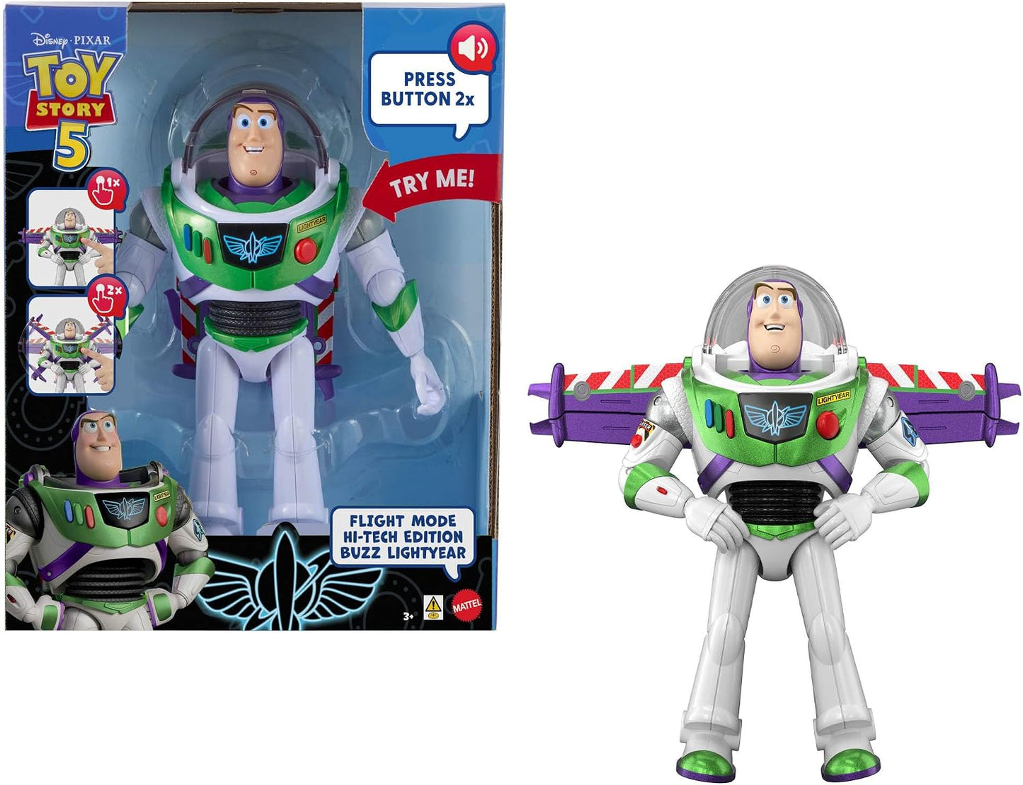 Mattel Disney e Pixar Toy Story 5 Buzz Lightyear Modo de Voo Hi-Tech | Ativação de Asas Móveis, Boneco de 30 cm, Mais de 35 Sons e Frases do Filme, JKL97