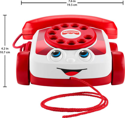 Telefone de brinquedo Fisher-Price Baby vermelho, edição de 80º aniversário da Mattel, com atividade de puxar para bebês e crianças a partir de 1 ano de idade, JGG97