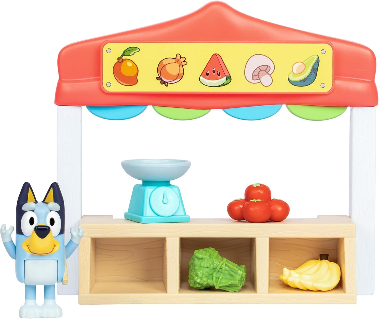 Bluey Mini Playsets Bluey Farmers Market Playset inclui figura articulada de Bluey com sacola de compras e acessórios com Dollarbucks