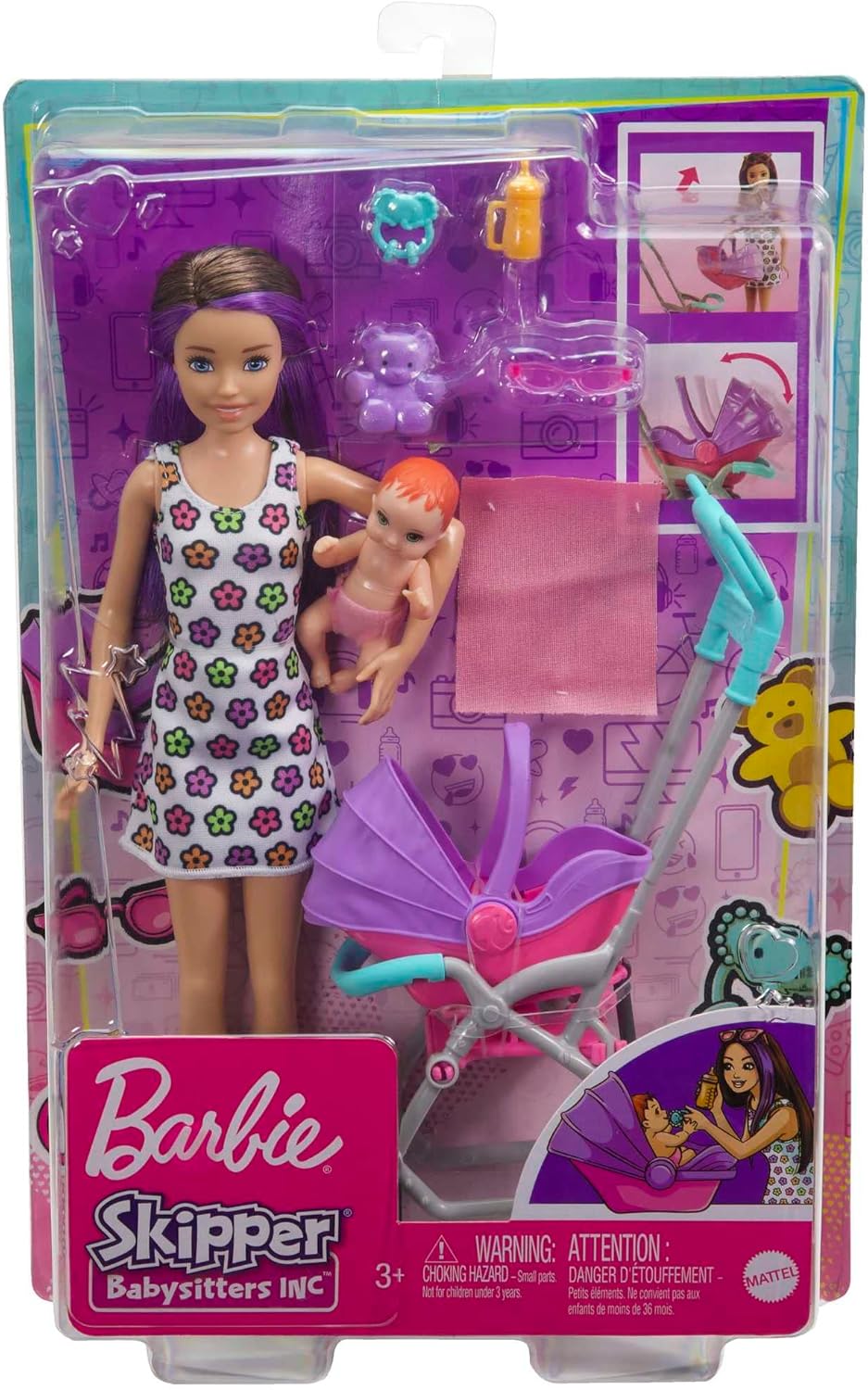 Barbie Skipper Babysitters Inc. Conjunto com boneca Skipper Babysitter (morena), carrinho, boneca e 5 acessórios, brinquedo para crianças de 3 anos ou mais, GXT34