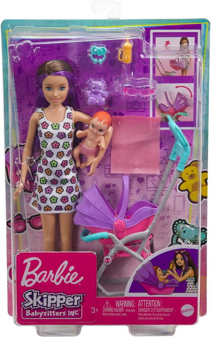 Barbie Skipper Babysitters Inc. Conjunto com boneca Skipper Babysitter (morena), carrinho, boneca e 5 acessórios, brinquedo para crianças de 3 anos ou mais, GXT34