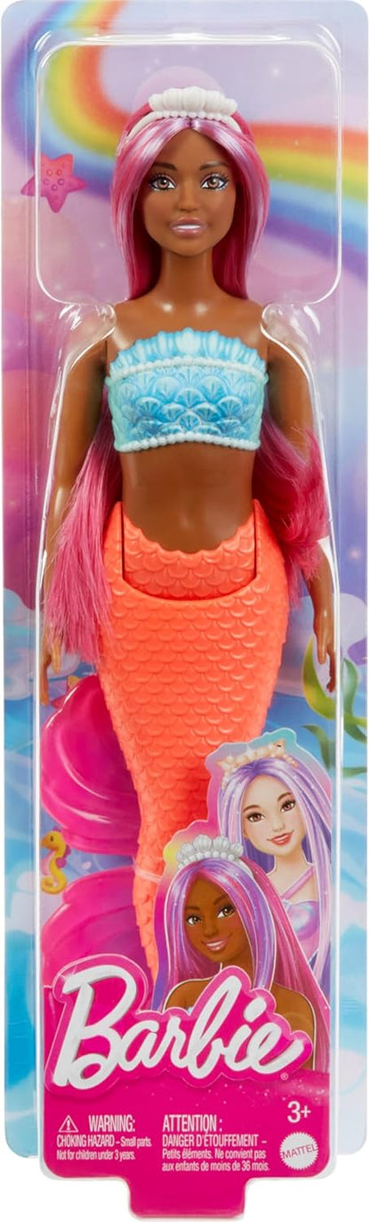Barbie Bonecas de sereia com cabelo de fantasia e acessórios de faixa de cabeça, brinquedos de sereia com corpete inspirado em conchas e caudas coloridas, HR03