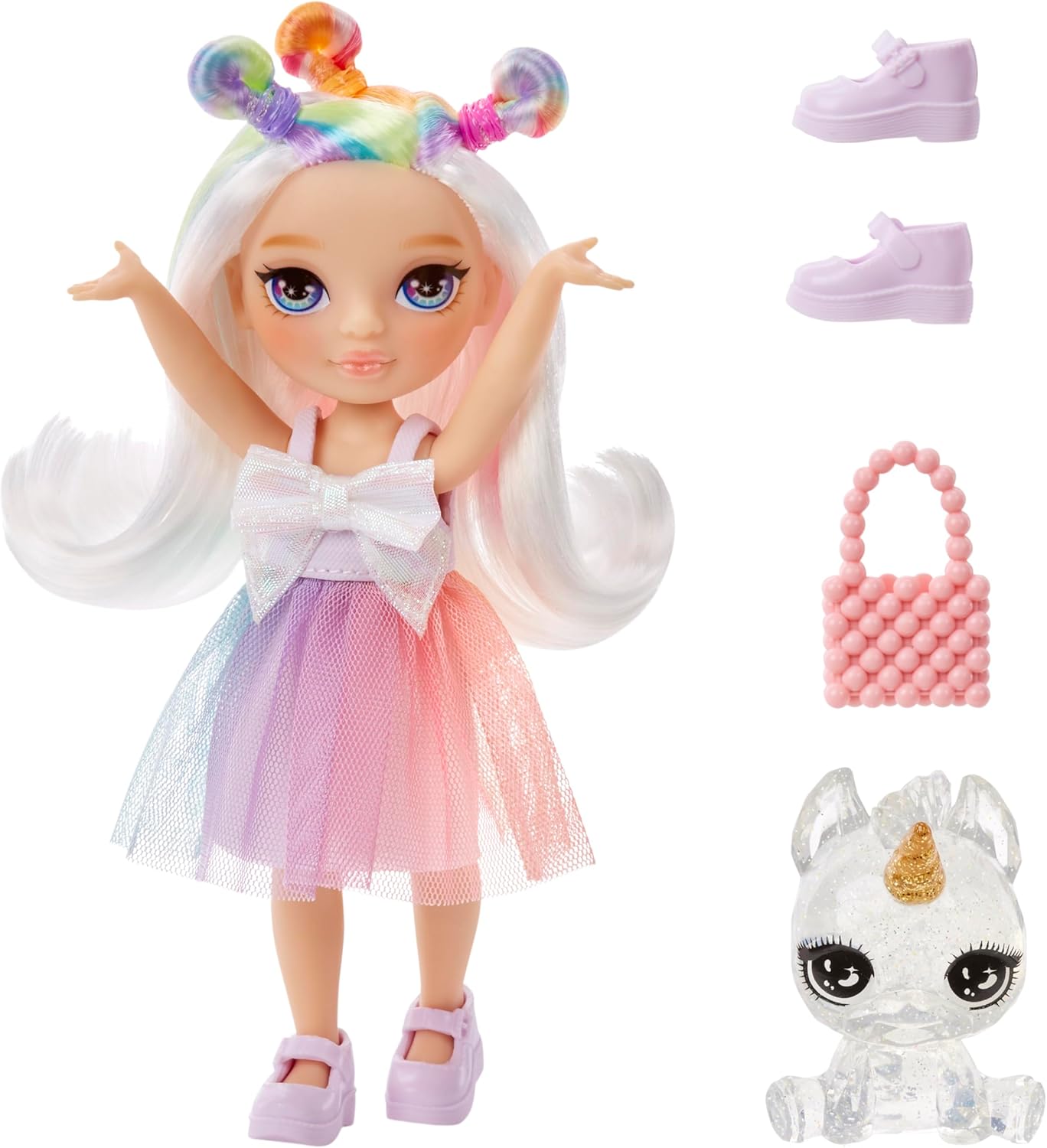 Rainbow High Littles - Opal Raine - Boneca Fashion Pequena e Articulada - Boneca Arco-Íris de 14 cm de Altura com Bolsa e Unicórnio de Estimação Mágico - Ideal para Crianças e Colecionadores
