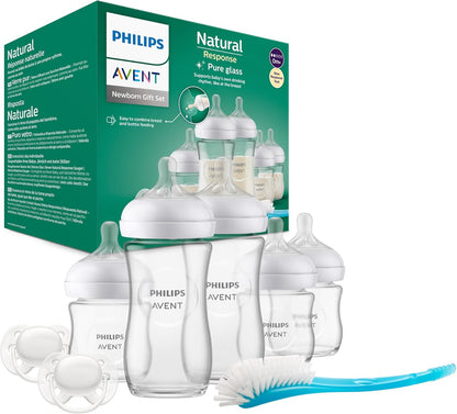 Philips Avent Conjunto de Mamadeiras de Vidro para recém-nascidos Avent Natural Response - 5 mamadeiras, 2 chupetas Philips Avent Ultra Soft de 0 a 6 meses, escova para mamadeiras, sem BPA (modelo SCD879/11)