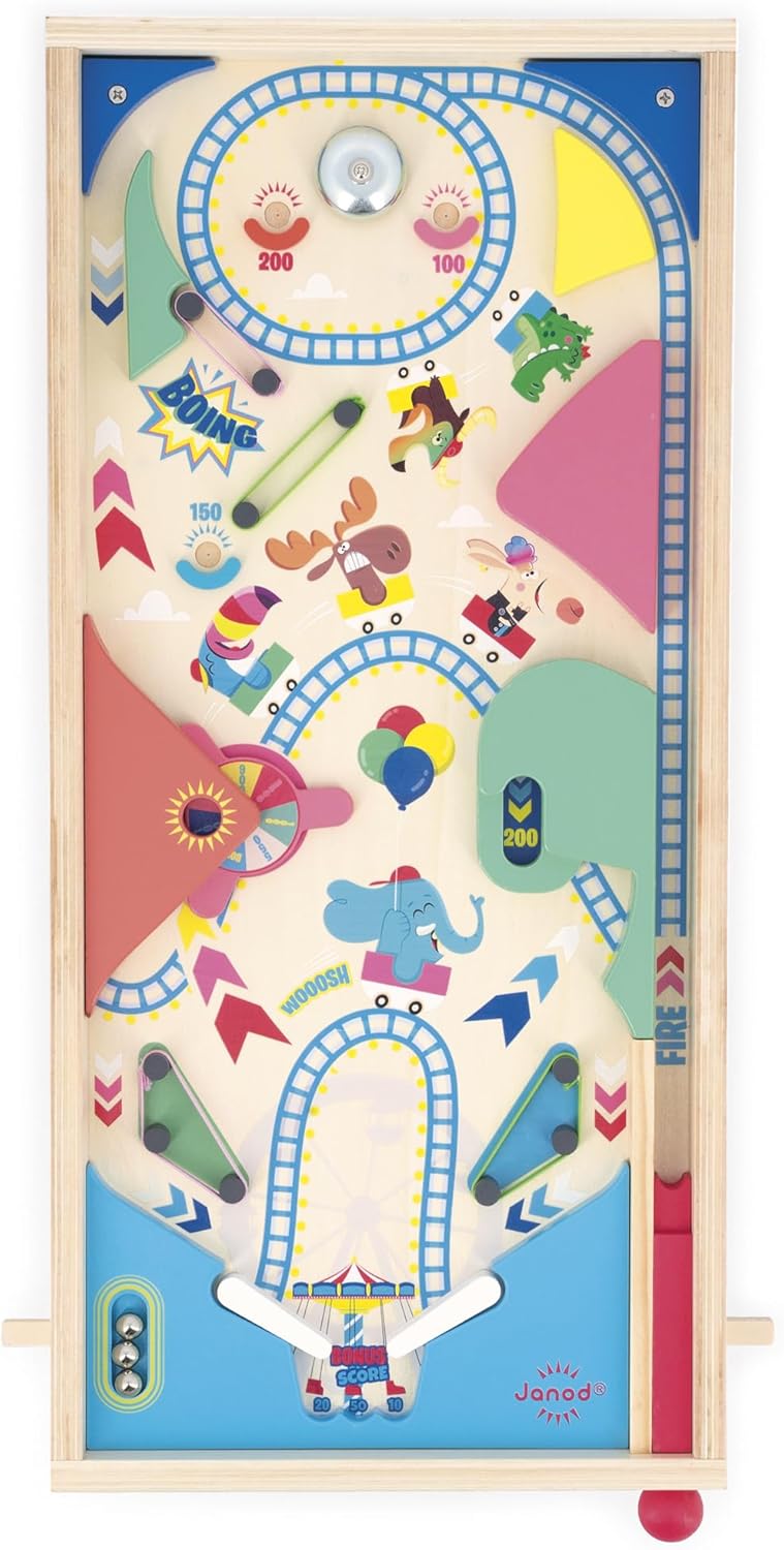 Janod - Máquina de Pinball de Madeira para Montar - Decoração de Parque de Diversões - Jogo de Ação e Reflexos para Crianças Montarem - Estratégia de Aprendizagem e Concentração - Madeira Certificada FSC - A partir de 5 anos