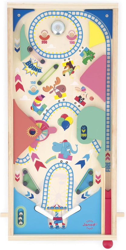 Janod - Máquina de Pinball de Madeira para Montar - Decoração de Parque de Diversões - Jogo de Ação e Reflexos para Crianças Montarem - Estratégia de Aprendizagem e Concentração - Madeira Certificada FSC - A partir de 5 anos