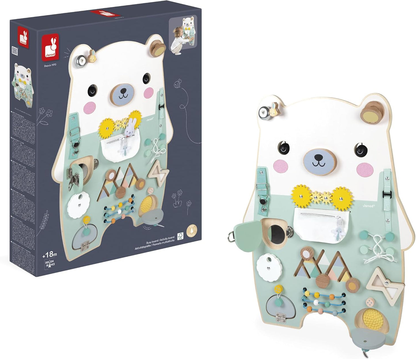 Janod - Busy Board Ourson - 20 atividades - Grande quadro de atividades de madeira - Ideal para desenvolvimento motor fino, curiosidade e destreza - Altura 60 cm - A partir de 18 meses, J05162