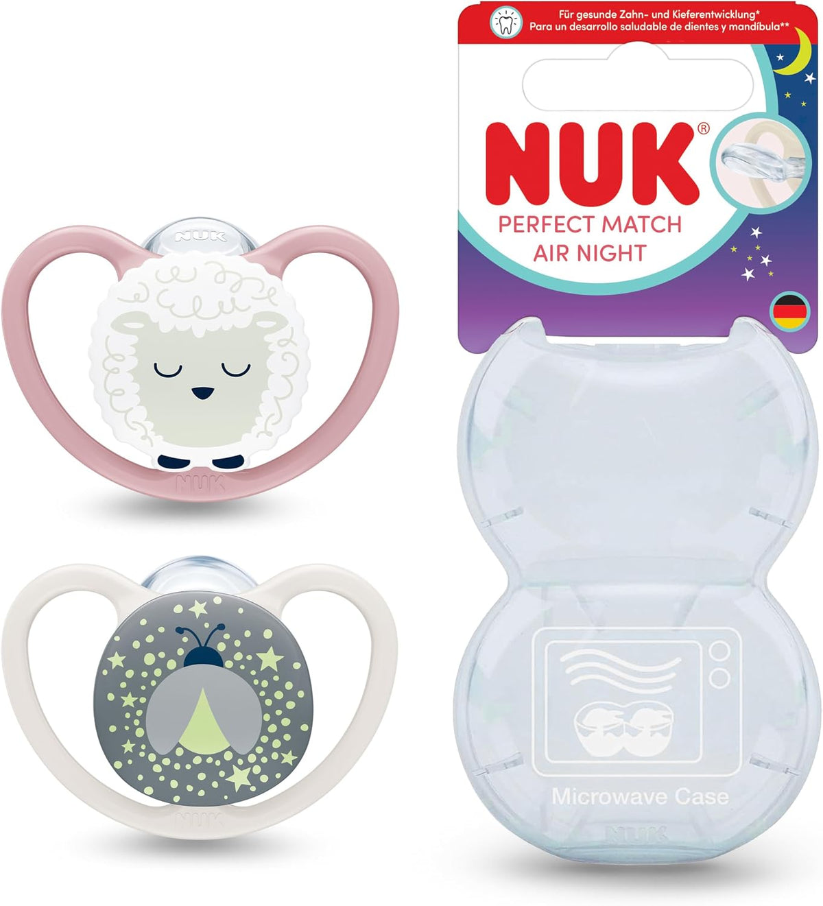 NUK Chupetas Perfect Match Air Night | 18-36 Meses | Brilham no Escuro, Permitem a Circulação de Ar e Previnem Irritações na Pele | 95% de Aceitação pelos Bebês** | Ovelha | 2 Unidades