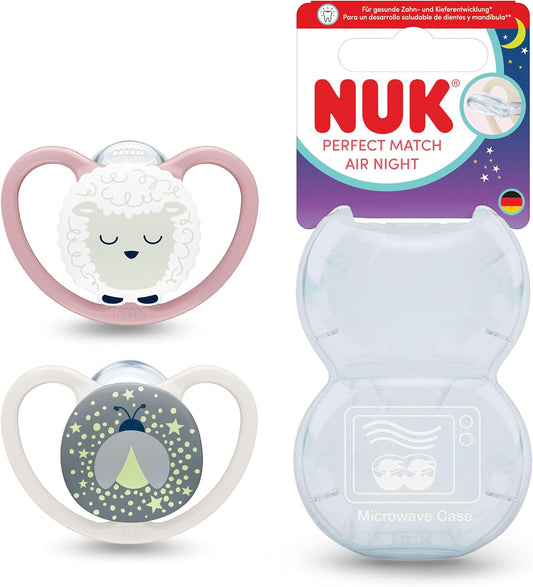 NUK Chupetas Perfect Match Air Night | 18-36 Meses | Brilham no Escuro, Permitem a Circulação de Ar e Previnem Irritações na Pele | 95% de Aceitação pelos Bebês** | Ovelha | 2 Unidades