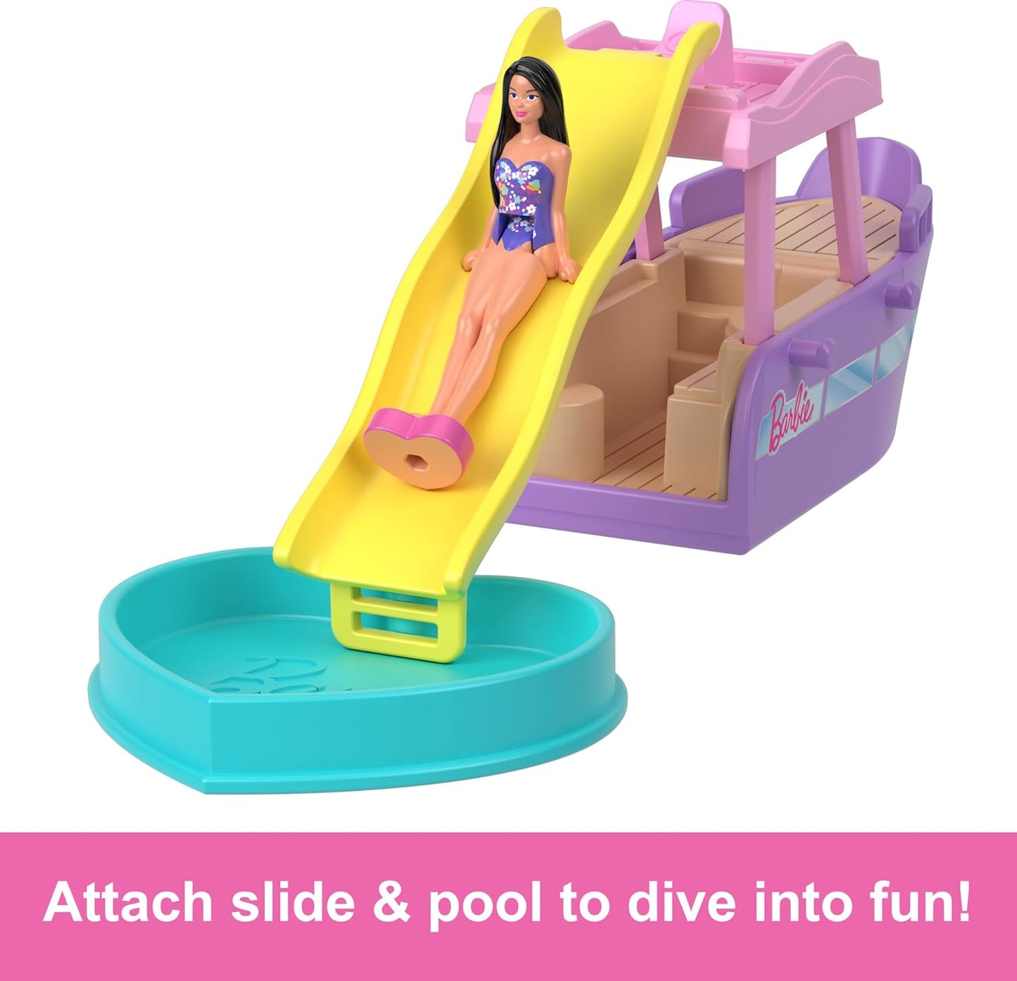 Barbie Conjunto de boneca Mini BarbieLand e veículo de brinquedo, boneca Barbie de 3,8 cm e barco dos sonhos com mudança de cor, além de escorregador e piscina removíveis, HYF41