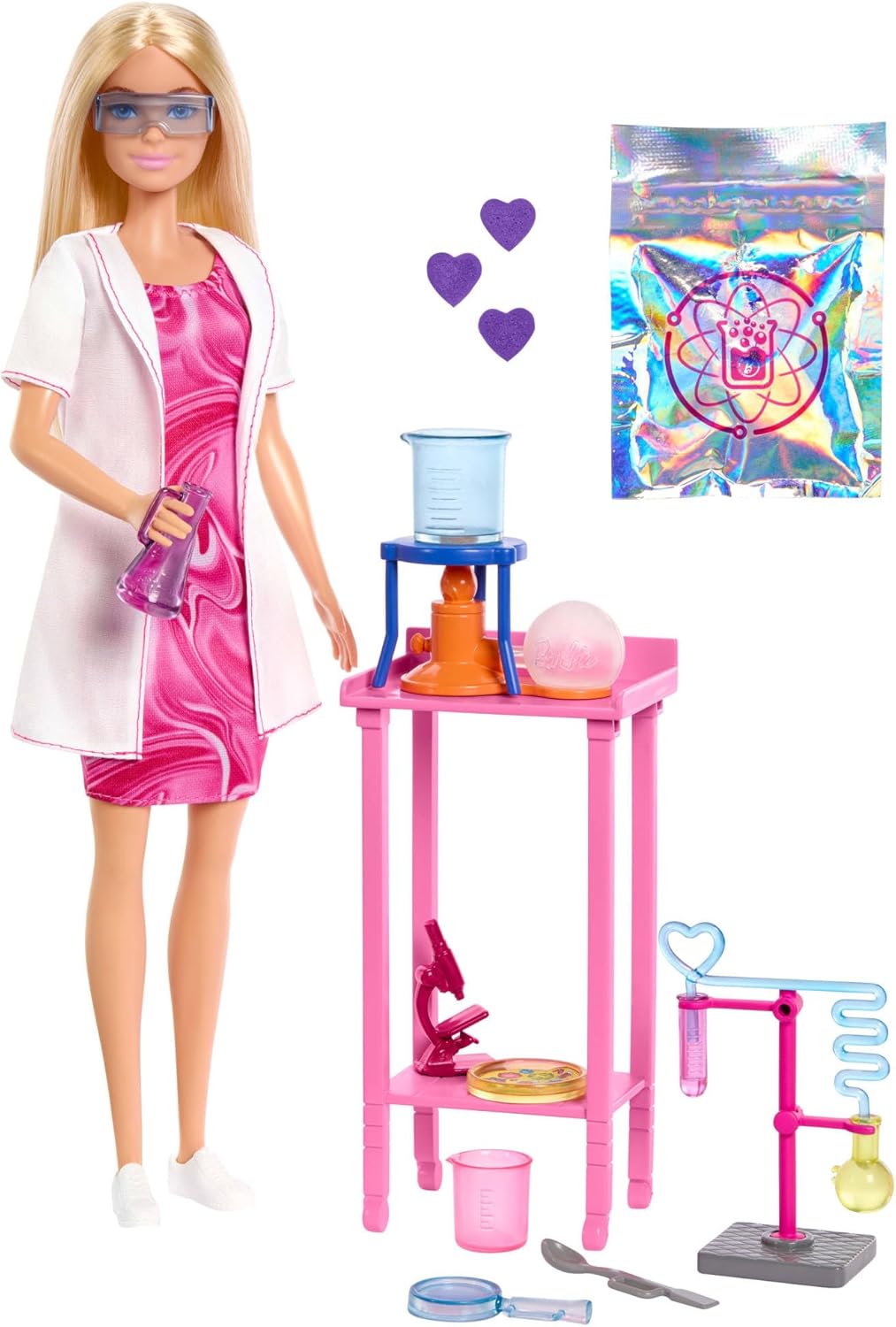 Barbie Boneca Cientista e Acessórios com Boneca Loira Fashion, Mesa de Laboratório, Microscópio, Copo que Muda de Cor e Acessórios para Placa de Petri, JCR70