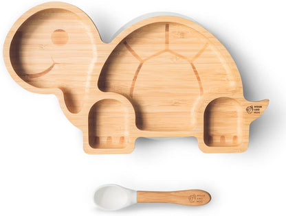 Juego de cuchara y plato de succión de bambú Moon and Moo Turtle para niños, niños pequeños y destete del bebé - No tóxico - Sin plástico - Permanece en su lugar - Plato de succión para bebé - Juego de destete para bebé (gris)