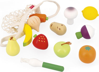 Janod - Conjunto de 12 frutas e vegetais - Bolsa de lona - Cesta de compras de brinquedo - Complemento ideal para cozinha de brinquedo e conjunto de chá - A partir de 3 anos, J06639