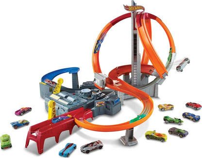 Hot Wheels Ultimate Garage City Playset com pista de corrida multinível, dragão de 3 pés de altura e elevador, estaciona 50 carros, inclui 2 carros de brinquedo, brinquedos para maiores de 4 anos, um pacote, HKX48