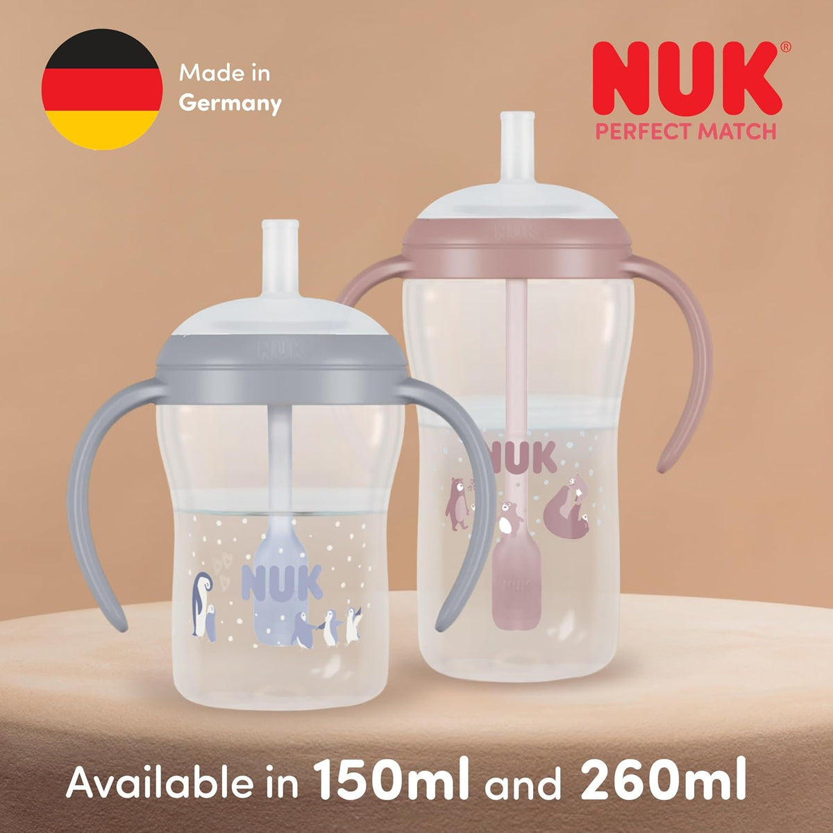 NUK Copo de Treinamento com Canudo Perfect Match | 8+ meses | 150 ml | Copo com canudo antivazamento para bebês | Alças antiderrapantes | Pinguim | 1 unidade