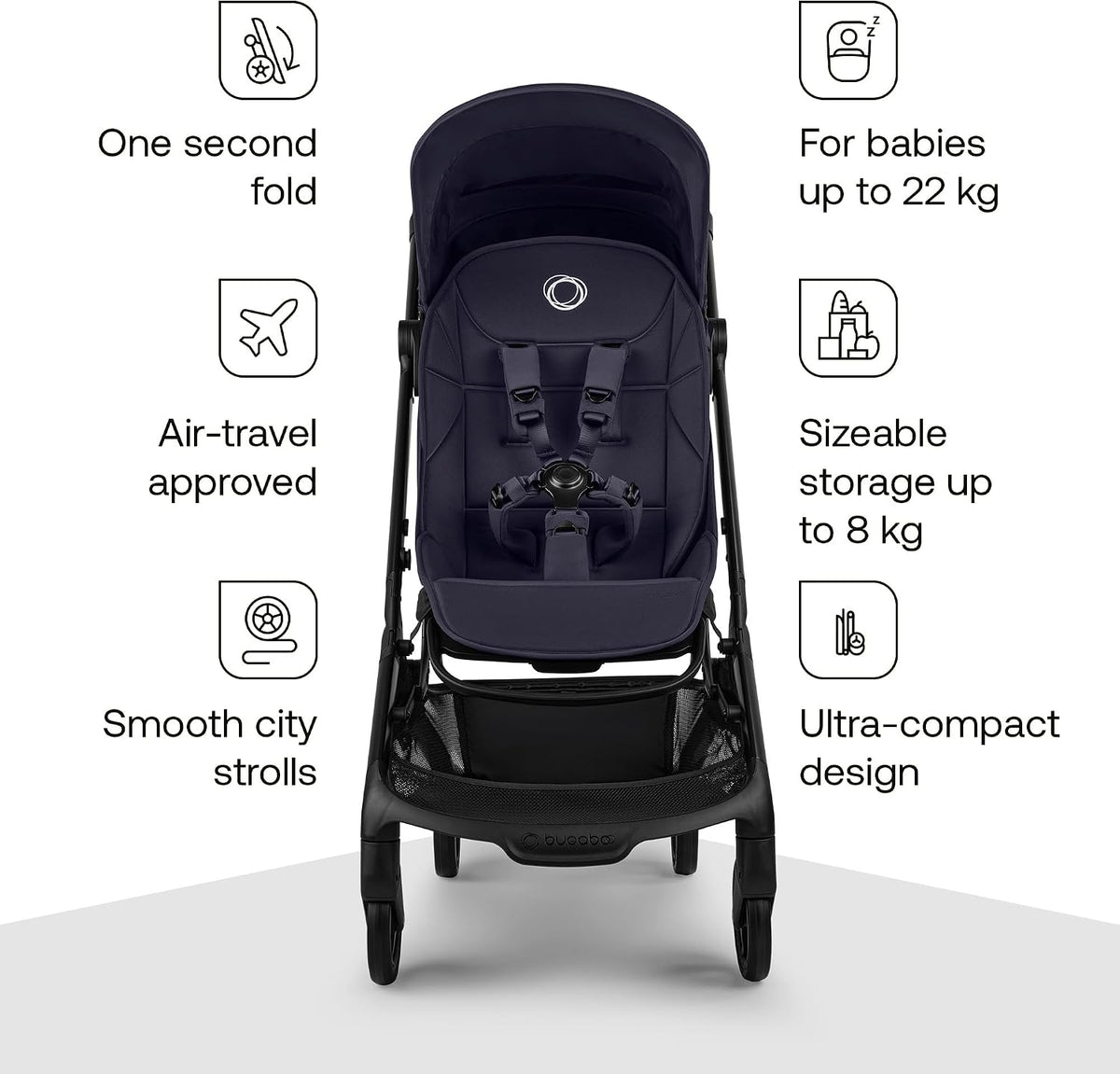 Bugaboo Carrinho de Bebê Butterfly 2 – Leve, Portátil e Tamanho de Bagagem de Mão – Kit com Barra de Proteção – Dobragem com uma Mão, Assento Reclinável, Cesto de Armazenamento e Alça de Transporte – Cor Deep Indigo